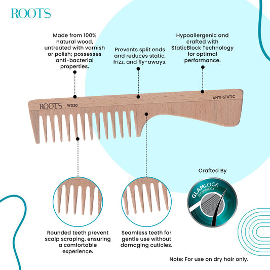 Roots Wooden Wide Tooth Handle Comb (WD20)