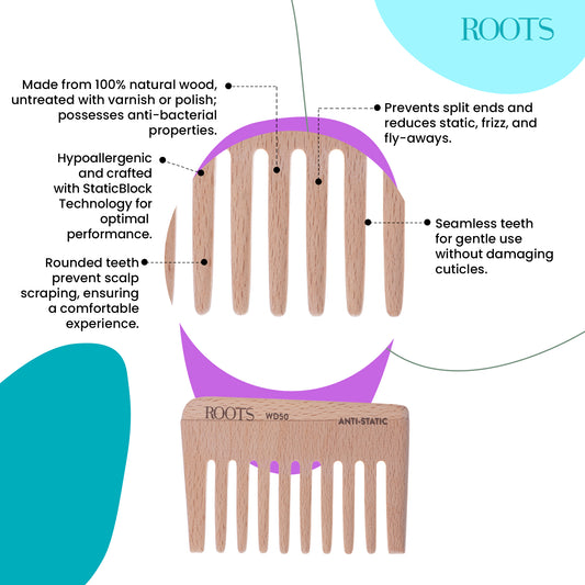 Roots Small Wide Tooth Wooden Comb (WD50)