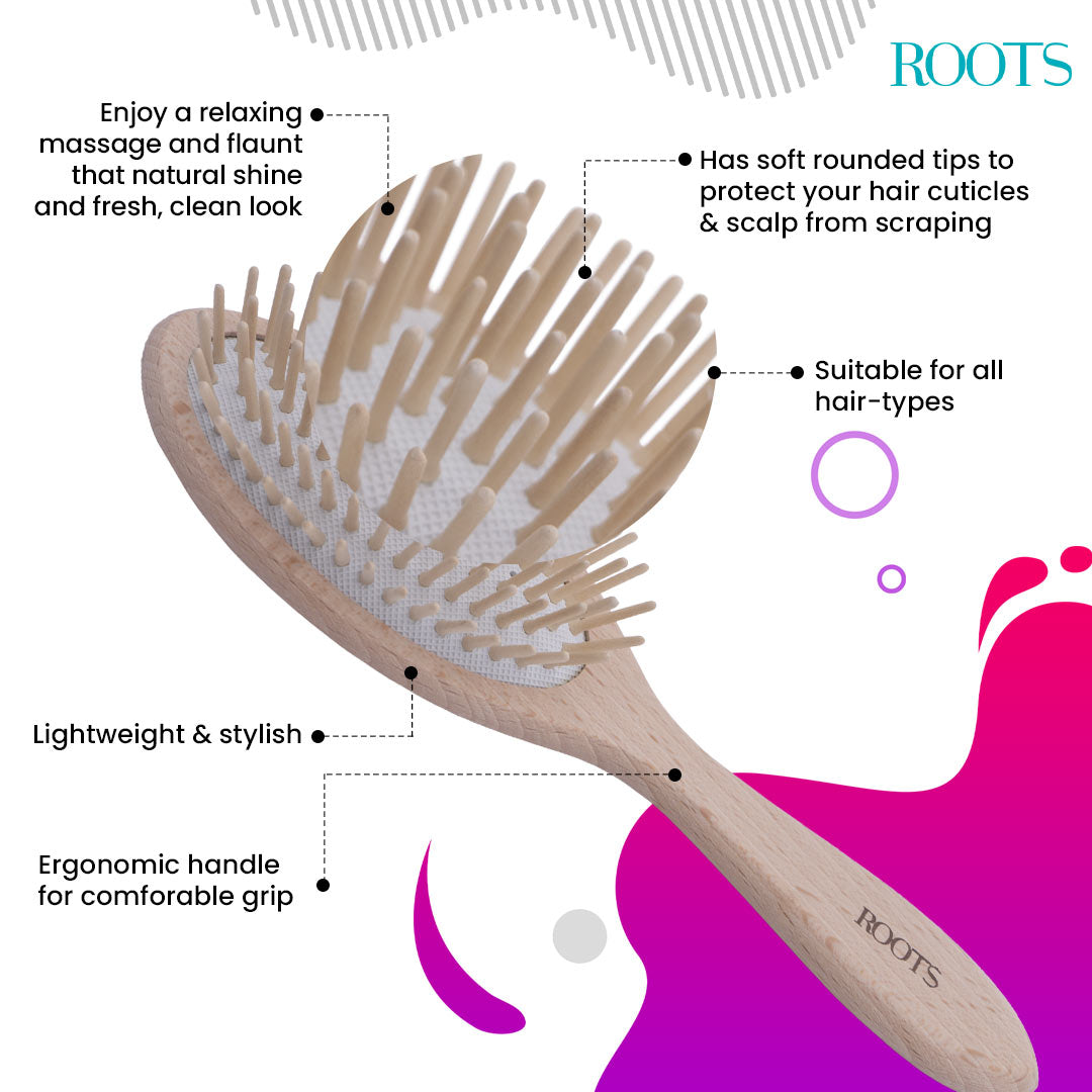 Roots Oval Wooden Brush with Wood Pins (WPO-BW)
